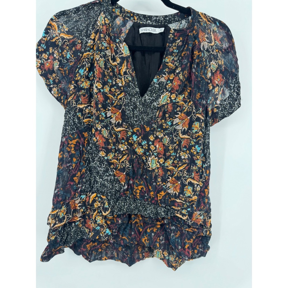Mariacher Womens XS Floral Patchwork V-Neck Metallic Accents Ruffle Blouse Black